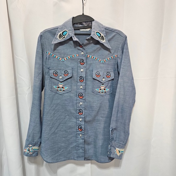 Wrangler Tops - Vtg Wrangler Western Button Shirt Embroidered Kachina Thunderbird chambray READ
